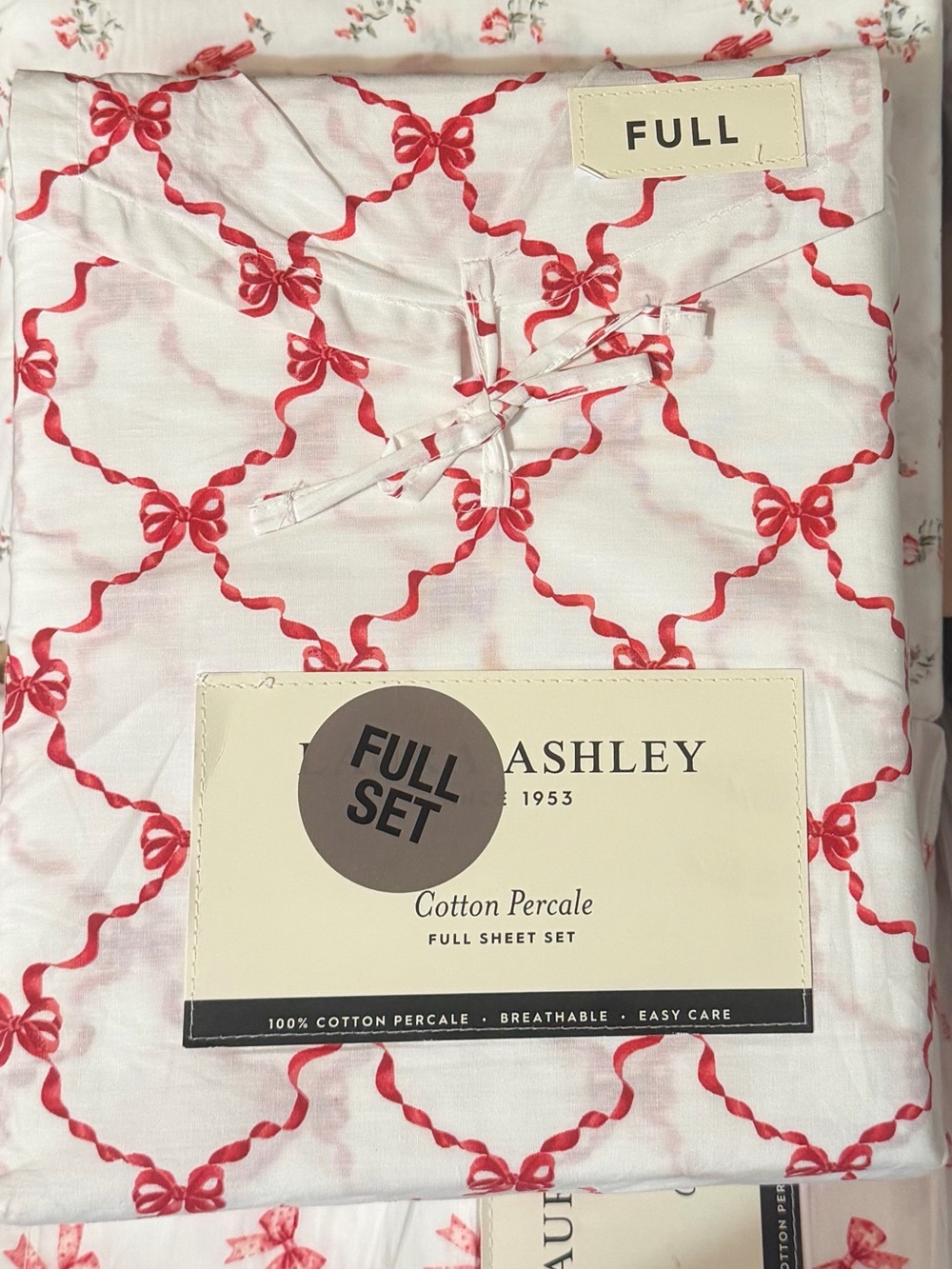 BOW RIBBON RED Laura Ashley SZ FULL 4 PC Sheet Set